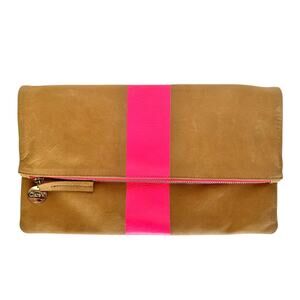 Clare V. Foldover Clutch in Camel Nubuck Leather with Neon Pink Stripe